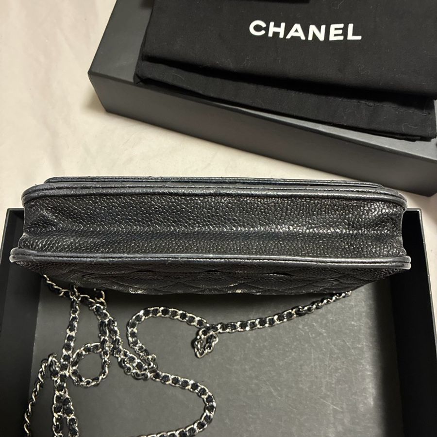 Chanel黑銀荔枝牛皮發財woc 芯片款磁扣-9