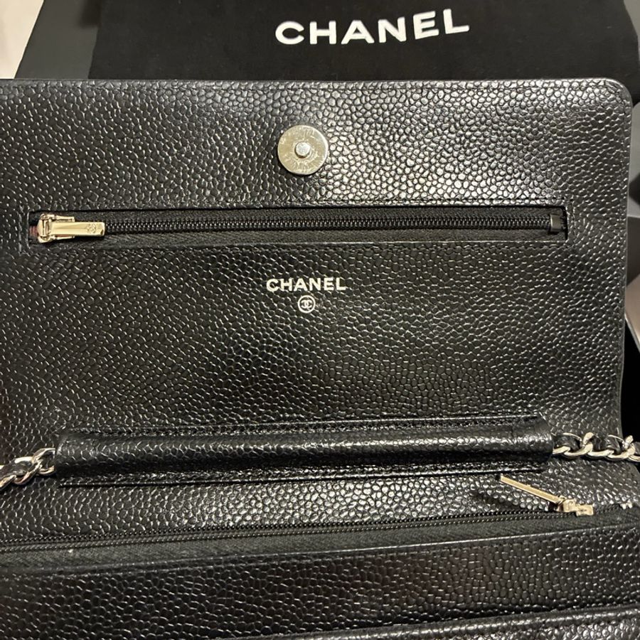 Chanel黑銀荔枝牛皮發財woc 芯片款磁扣-17