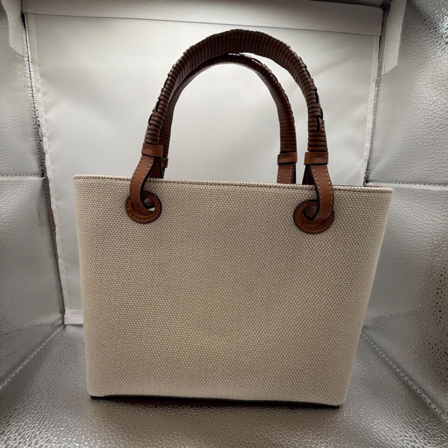 LOEWE 經典刺繡 Anagram 帆布托特包 / 手提包(燕麥色/棕色皮革)-2