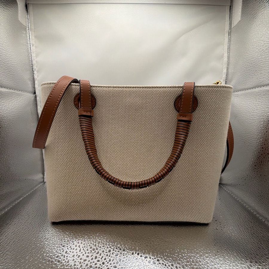LOEWE 經典刺繡 Anagram 帆布托特包 / 手提包(燕麥色/棕色皮革)-6