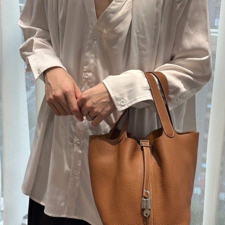 Hermes 愛馬仕 棕色菜籃子22 W刻 尺寸:22*21*17 塵袋 鑰匙 鎖-2