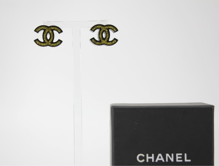 Chanel 17S 樹脂金粉黑色耳環-0
