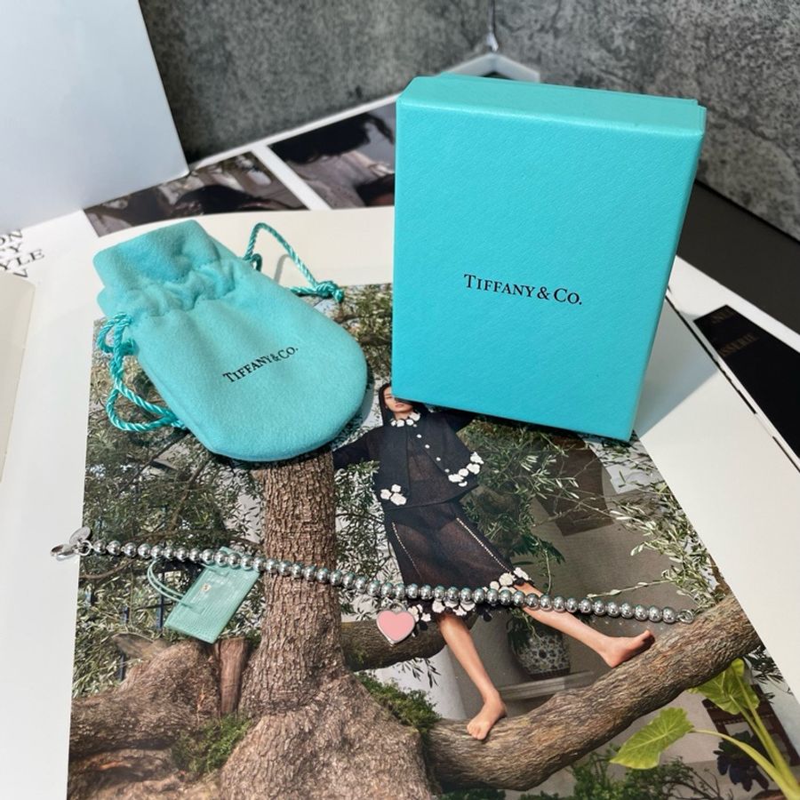 Tiffany 蒂芙尼 手鍊 長度17釐米 搭配粉色琺瑯愛心吊墜-0