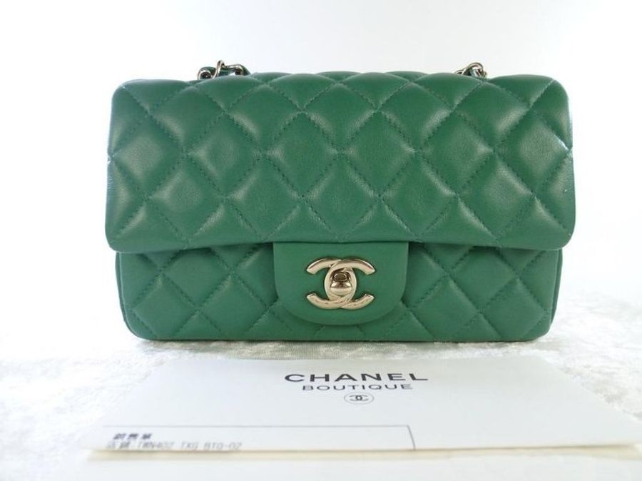 CHANEL 香奈兒 mini flapbag 綠色 經典 coco 口蓋包 金釦 小羊皮 金鍊 台灣專櫃-0
