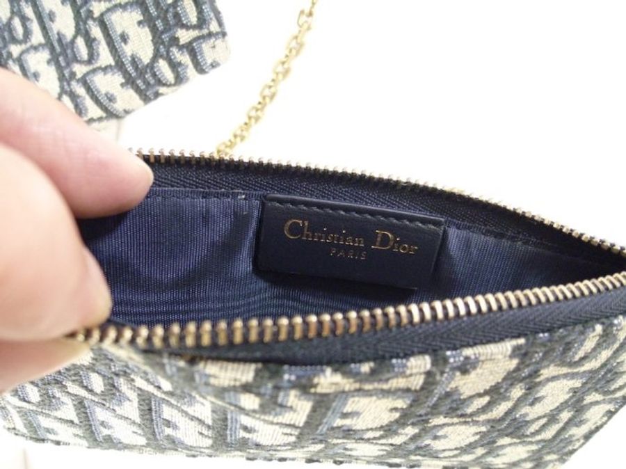DIOR 迪奧 Saddle 長型銀包 復古金色 手拿包 近新品 藍色 緹花 肩背 鏈帶-6