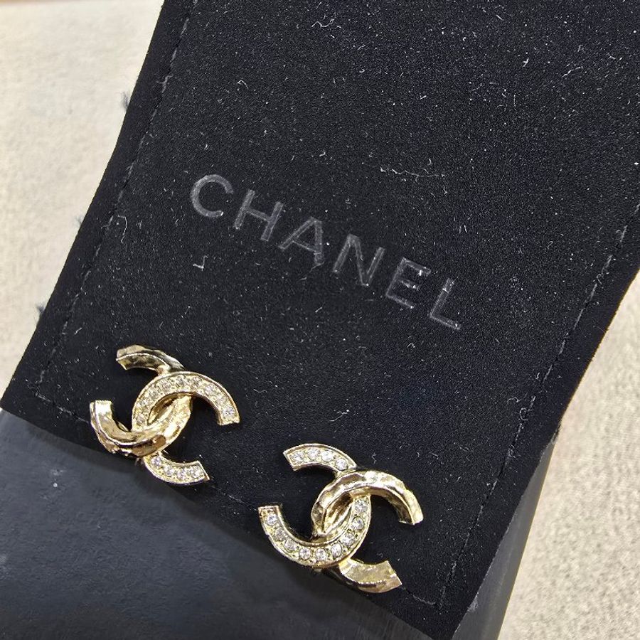 CHANEL 香奈兒 立體雙CC水鑽耳環 金色 經典Logo耳環 1.5cm-1