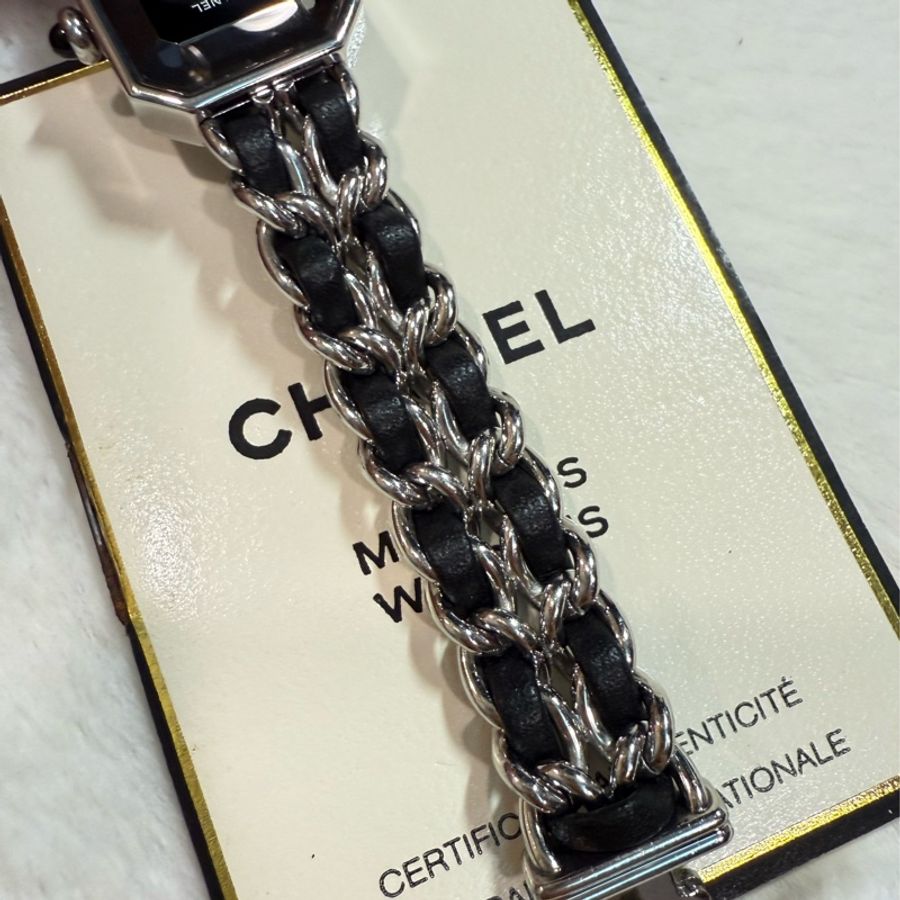 CHANEL 香奈兒 皮穿繩黑金 方糖 首映錶M號-7