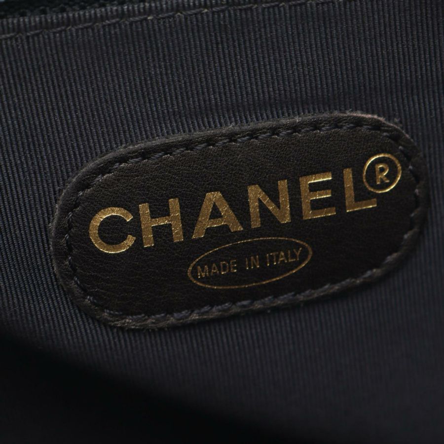 香奈兒 (CHANEL) 標誌刺繡手提包，鏈條包，小牛皮，海軍藍，二手，女士，金色五金-3