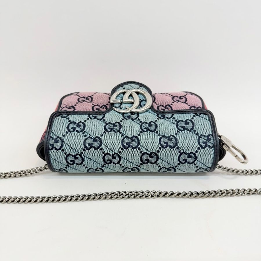 95新❤️Gucci/古馳藍三拼色老花帆布馬蒙mini鏈條單肩斜挎包。-5
