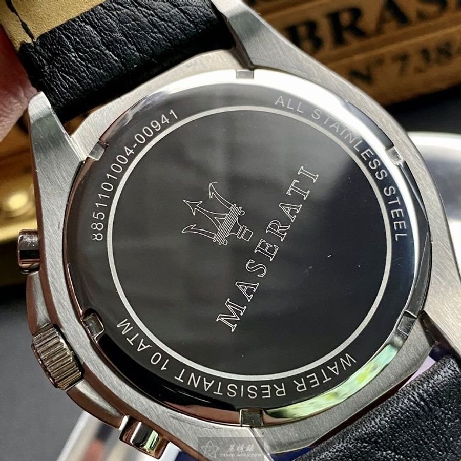 MASERATI手錶,編號R8851101004,46mm銀圓形精鋼錶殼,銀色三眼, 運動錶面,深黑色真皮皮革錶帶款-6