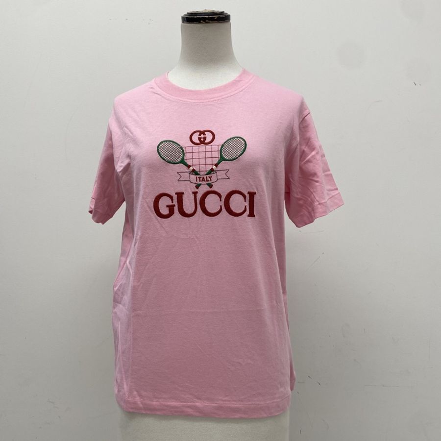 GUCCI 網球刺繡粉色短袖T恤-0