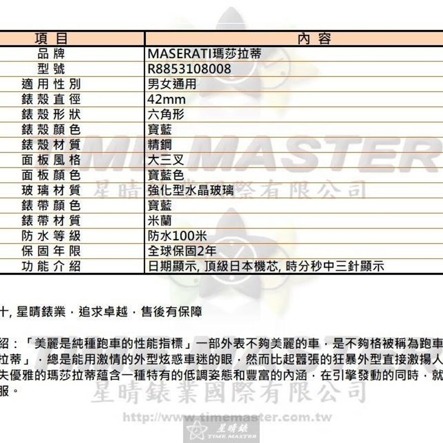 MASERATI手錶,編號R8853108008,42mm寶藍六角形精鋼錶殼,寶藍色大三叉錶面,寶藍米蘭錶帶款-11