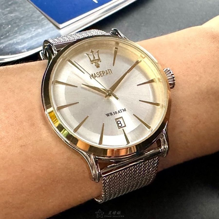 MASERATI手錶,編號R8853118001,42mm金色圓形精鋼錶殼,銀白色簡約, 中三針顯示錶面,銀色精鋼錶帶款-8