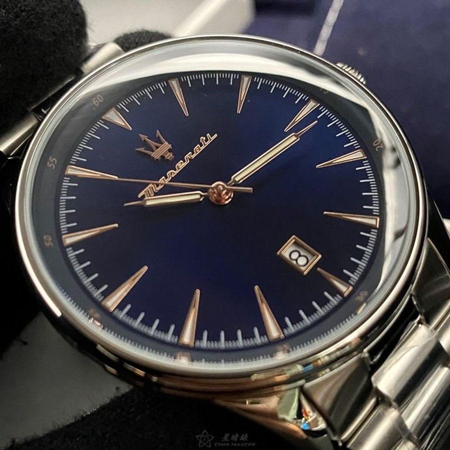 MASERATI手錶,編號R8853146002,46mm銀圓形精鋼錶殼,寶藍色中三針顯示錶面,銀色精鋼錶帶款-7