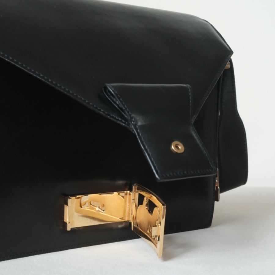 CELINE Vintage 1970s 思琳黑色平滑小牛皮 信封翻蓋雙層馬車包-9