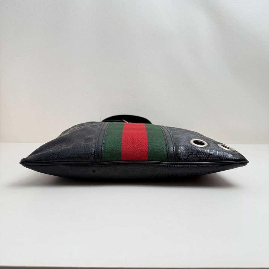 古馳 / Gucci 紅綠條紋織帶郵差包斜挎包 黑色銀扣 尺寸:34*29cm-4