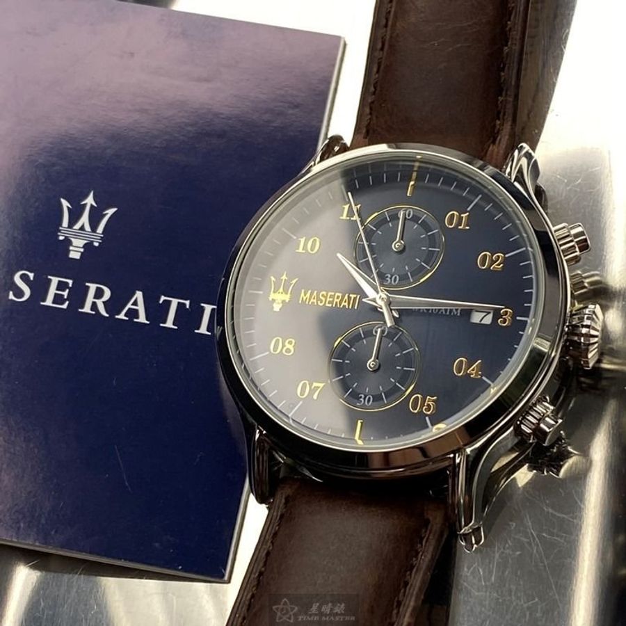 MASERATI手錶,編號R8871618001,42mm銀圓形精鋼錶殼,寶藍色雙眼錶面,咖啡色真皮皮革錶帶款-8