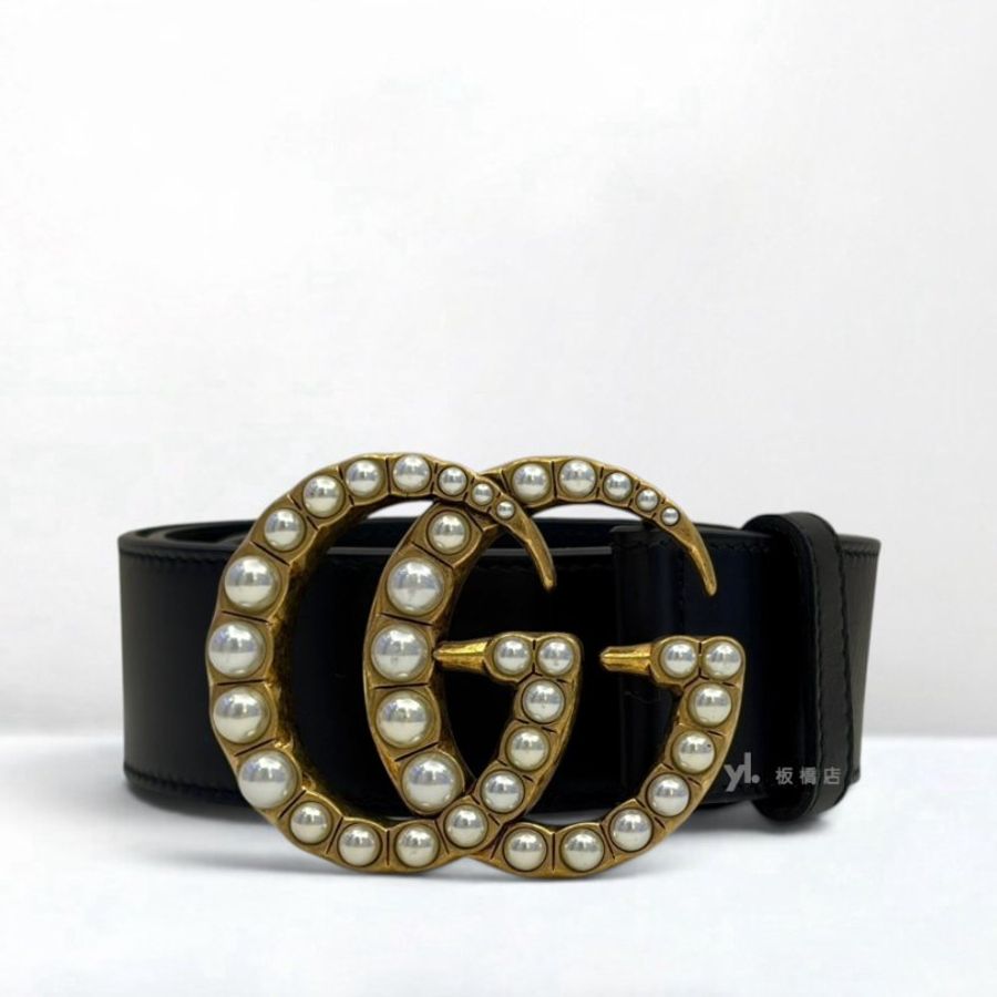 S5674-GUCCI 黑色牛皮珍珠雙G寬腰帶453260-1