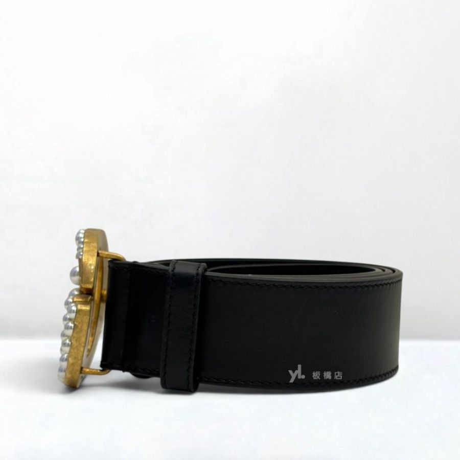 S5674-GUCCI 黑色牛皮珍珠雙G寬腰帶453260-4