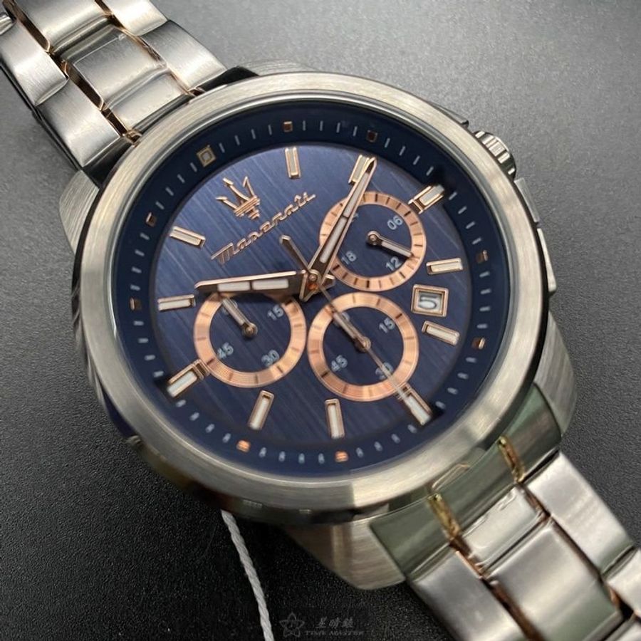 MASERATI手錶,編號R8873621008,44mm銀圓形精鋼錶殼,寶藍色中三針顯示, 運動錶面,銀色精鋼錶帶款-10