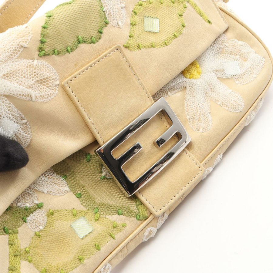 FENDI Mamma 水桶包,花朵刺繡肩背包,米色皮革,二手女款-9