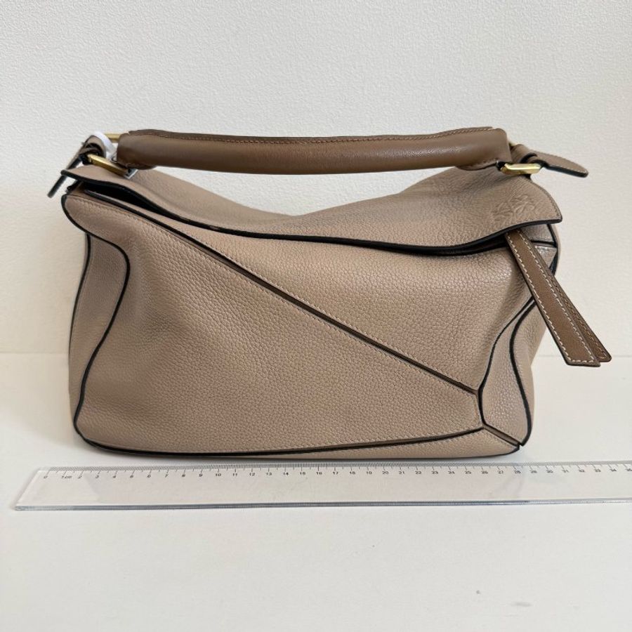 羅意威/Loewe Puzzle 中號 幾何牛皮拼接 手提包斜挎包 沙色 金扣 附件:肩帶 2017年-1