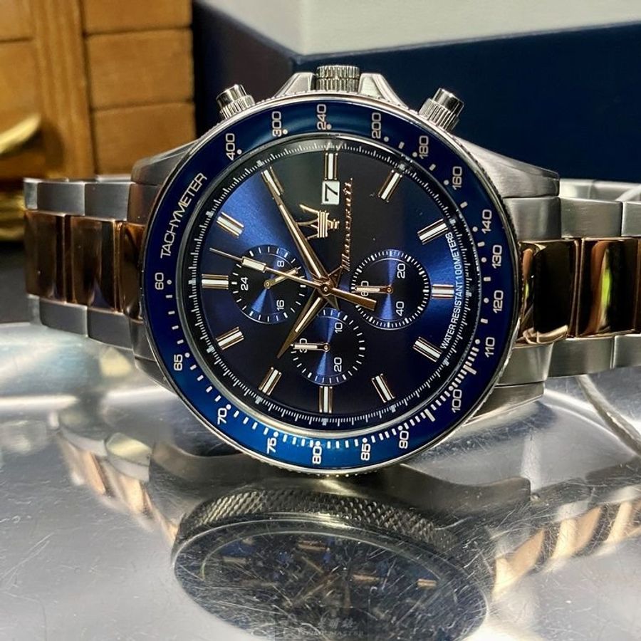MASERATI手錶,編號R8873640012,44mm寶藍錶殼,金銀相間錶帶款-7