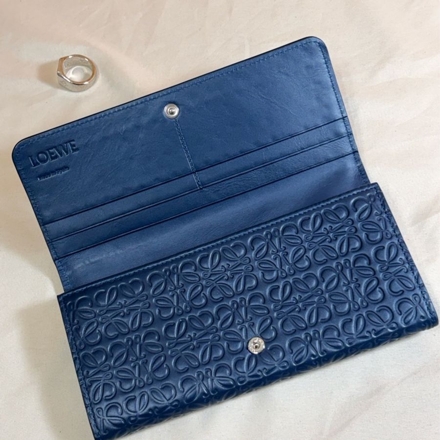 ✨經典不敗 Loewe 羅意威 老花深藍 翻蓋10卡長夾 長錢包-3