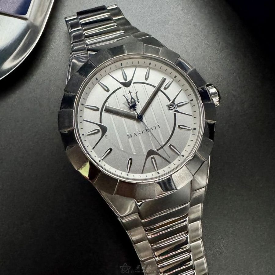 MASERATI手錶,編號R8853103001,44mm銀圓形精鋼錶殼,白色中三針顯示, 運動錶面,銀色精鋼錶帶款-8