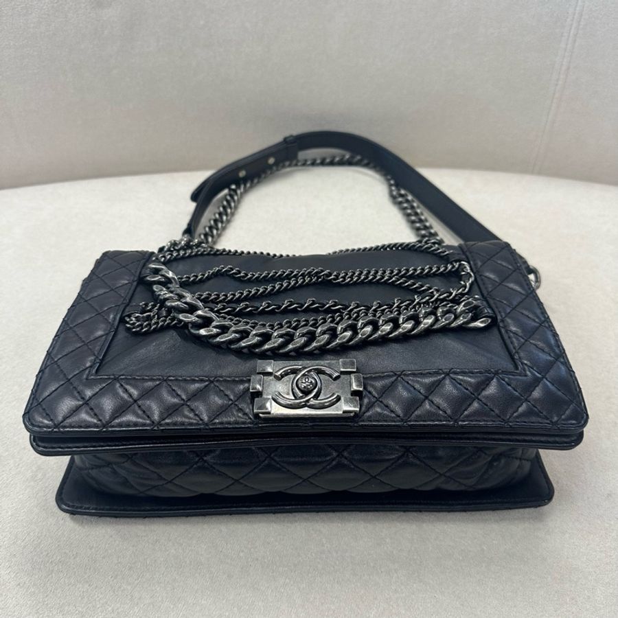 chanel 香奈兒 秀款限定Leboy 黑銀多鏈條包 牛皮-4