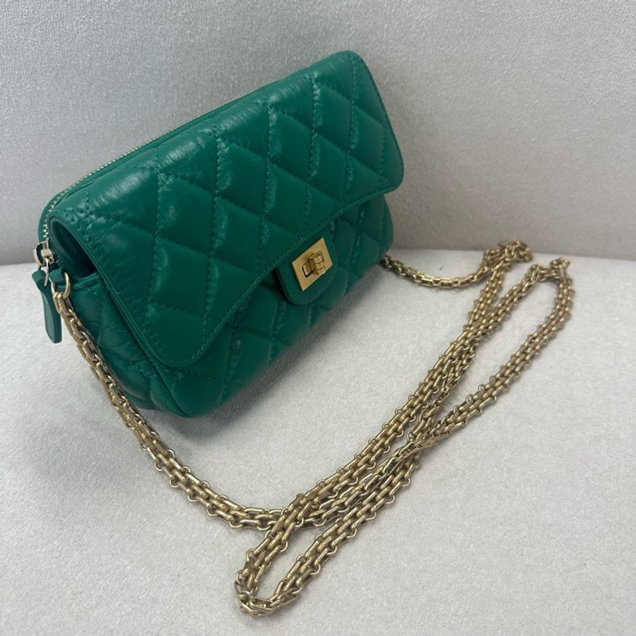 Chanel 香奈兒 二合一手機鏈條包 綠色金扣 油蠟皮 芯片款-2