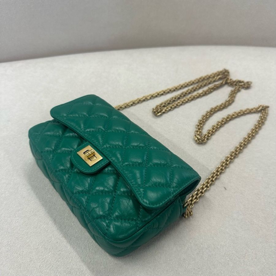Chanel 香奈兒 二合一手機鏈條包 綠色金扣 油蠟皮 芯片款-5
