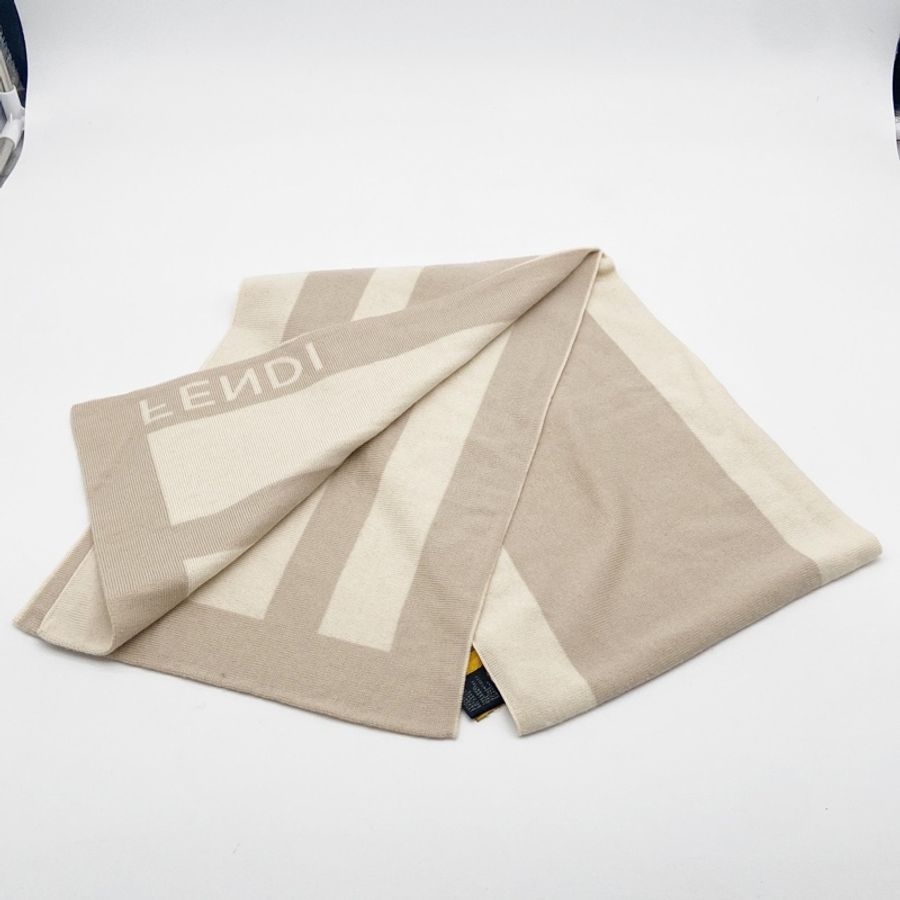 FENDI|米杏雙色條紋針織圍巾 大FF提花-6