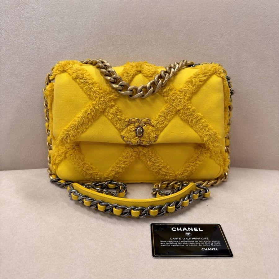CHANEL 香奈兒 19bag 小號 黃色菱格紋流蘇牛仔金扣-0