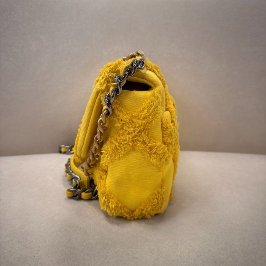 CHANEL 香奈兒 19bag 小號 黃色菱格紋流蘇牛仔金扣-1