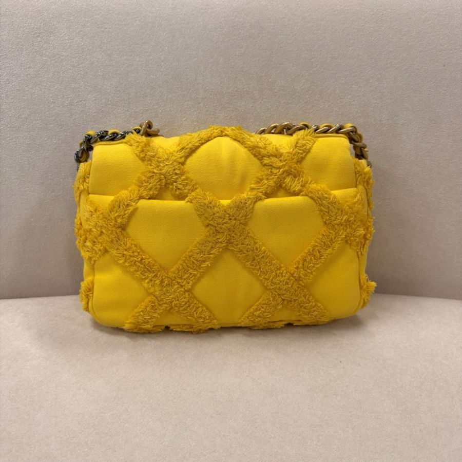 CHANEL 香奈兒 19bag 小號 黃色菱格紋流蘇牛仔金扣-2