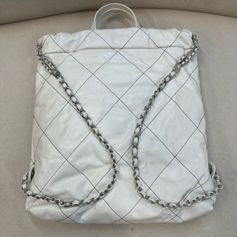 chanel 香奈兒 22bag 白色銀扣黑線雙肩包-14