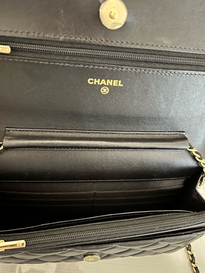 CHANEL 香奈兒 經典菱格紋蝴蝶結 WOC 斜背鏈包 黑金 全配-17