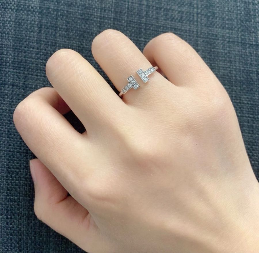 Tiffany 蒂芙尼 開口雙T鑲鑽戒指 18K白金材質 滿鑽璀璨靈動 尺碼50-5