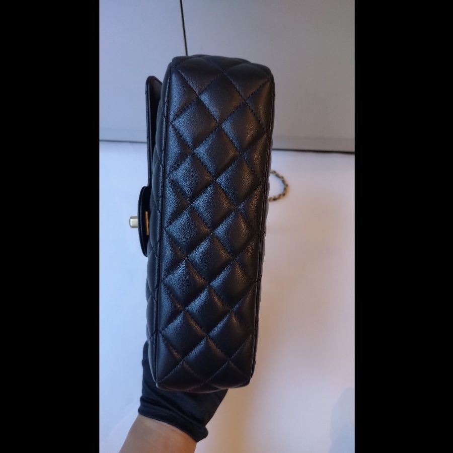 Chanel 金鍊黑羊皮菱格手提口蓋兩用包 CF handle 23-12