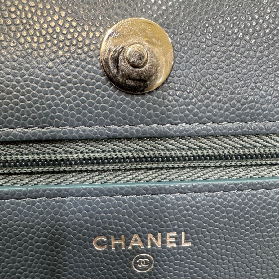 香奈兒CHANEL灰藍色23K菱格紋季節釦雙C鍊條包AP3600-15