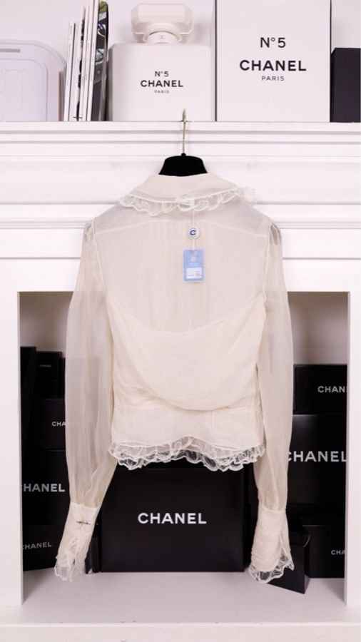Chanel 08年高级手工坊系列奶白色重工蕾丝花边长袖衬衫FR38 25/1-4