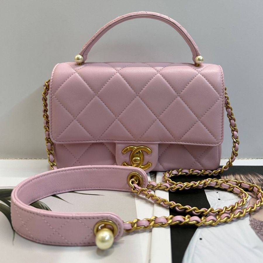 CHANEL/香奈兒25P粉色珍珠手柄口蓋包 很新-2