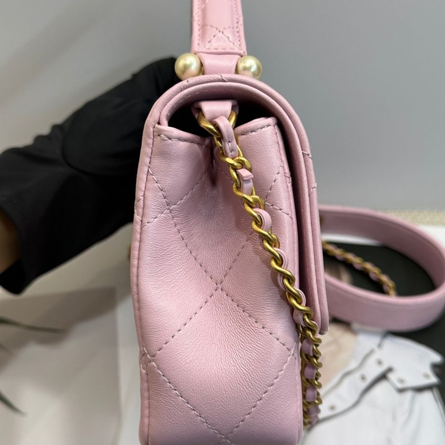 CHANEL/香奈兒25P粉色珍珠手柄口蓋包 很新-3