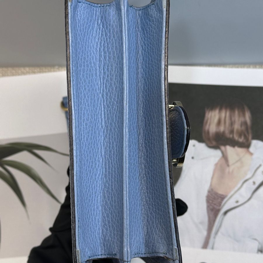 Gucci/古馳 小號藍色粒面牛皮雙G扣翻蓋風琴包-5