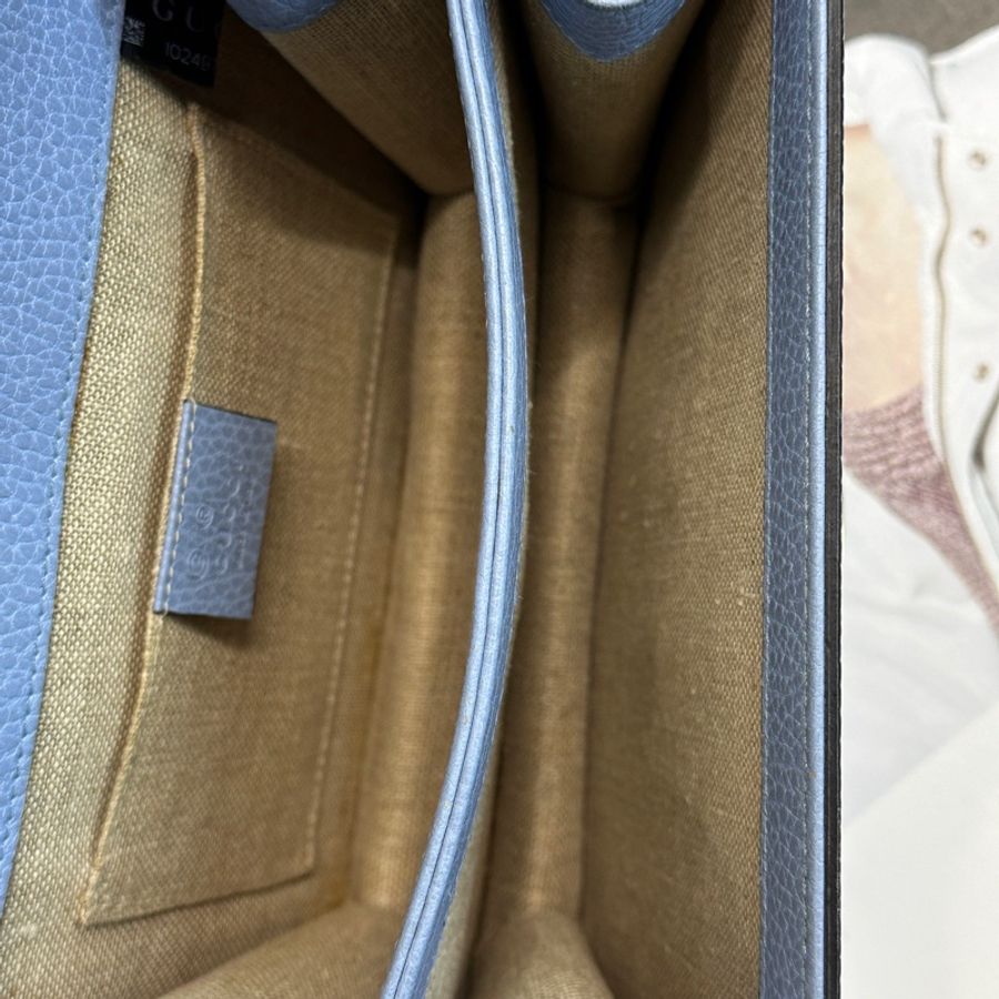Gucci/古馳 小號藍色粒面牛皮雙G扣翻蓋風琴包-6