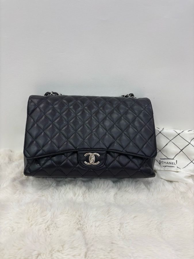 Chanel 香奈兒 Maxi大號 黑銀荔枝牛皮 底長:33cm ,15開無卡-0