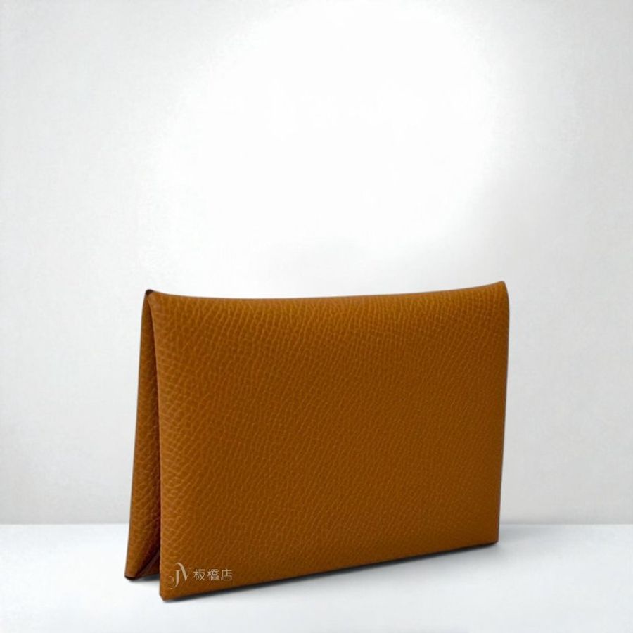 JS1502-Hermes Calvi 37金棕色銀釦對開卡包名片夾-2