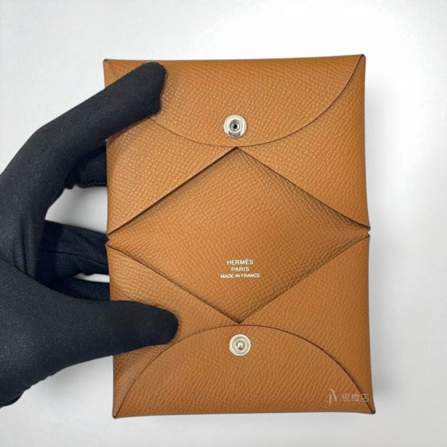 JS1502-Hermes Calvi 37金棕色銀釦對開卡包名片夾-5