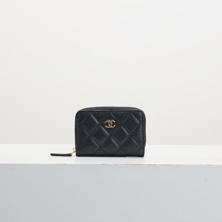 Chanel 拉鍊零錢包/黑金牛 芯片款-0